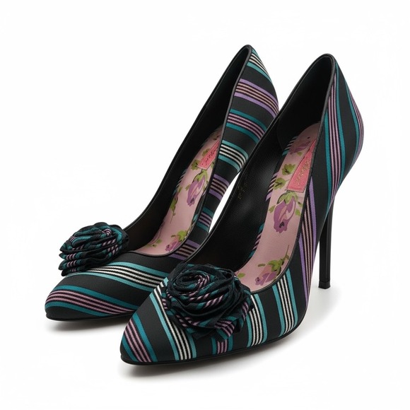 Betsey Johnson Shoes - Betsey Johnson Vintage Striped Satin Rose Heels –‎ Size 9.5